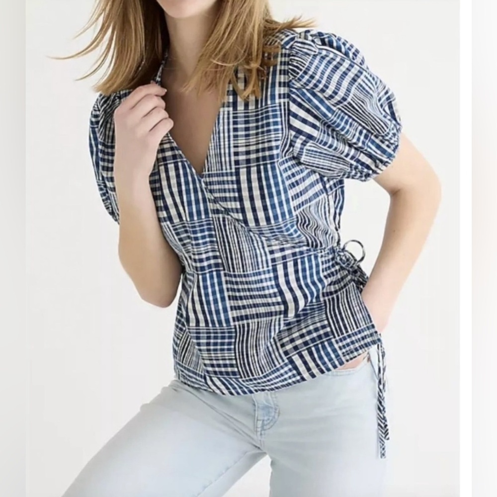 J. Crew Navy Checkered Wrap Blouse